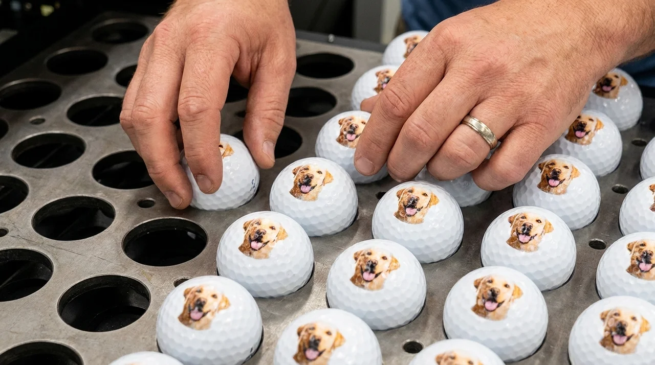A golf ball being loaded into the printing jig by hand